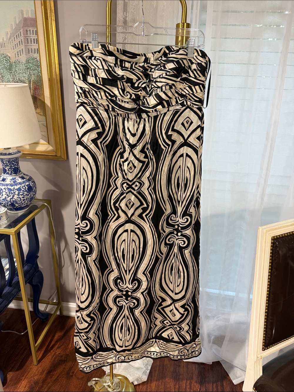White House Black Market Black and Cream Strapless Maxi Dress
